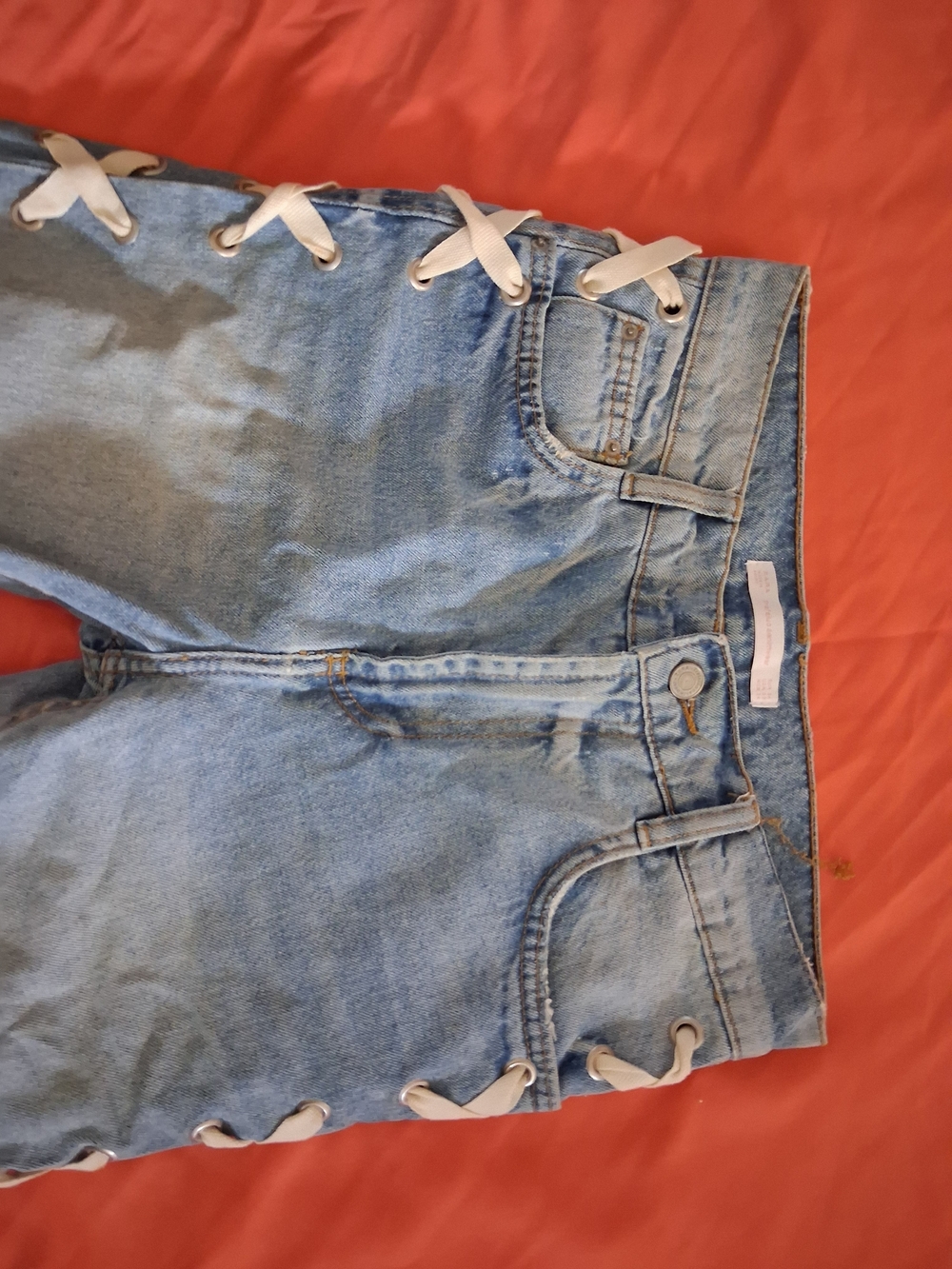 Zara Light Blue Skinny Jeans with White Lace-Up Side Trim - Picture 3 of 6